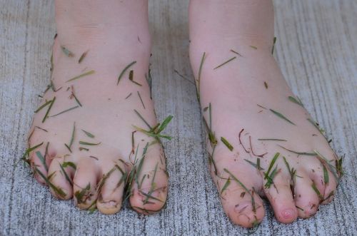 I piedi di un bambino nell'erba